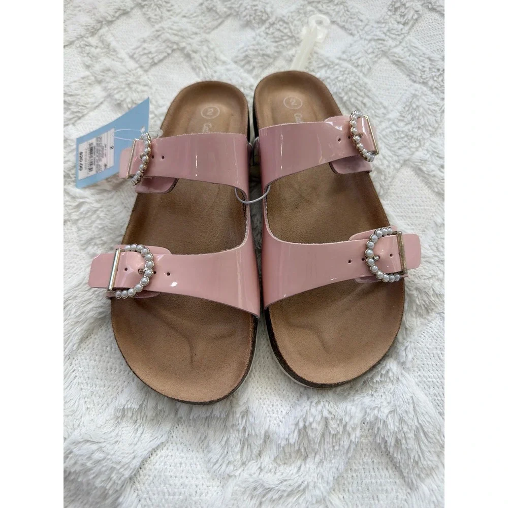 Cat & Jack Youth Girls Pink Patent Pearl Buckle Slide Sandals Size 2 NWT